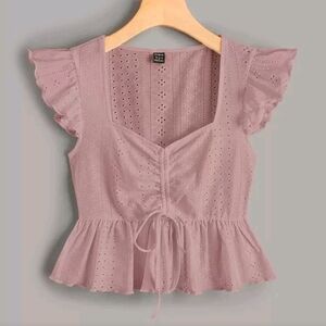 Women Butterfly Sleeve Lettuce Trim Peplum Dusty Pink Boho Crop Top Size Small